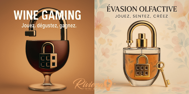 Affiche présentant un verre de vin en forme de cadenas et 1 bouteille de parfum en forme de cadenas qui évoque 2 escape game - le wine gaming et évasion olfactive