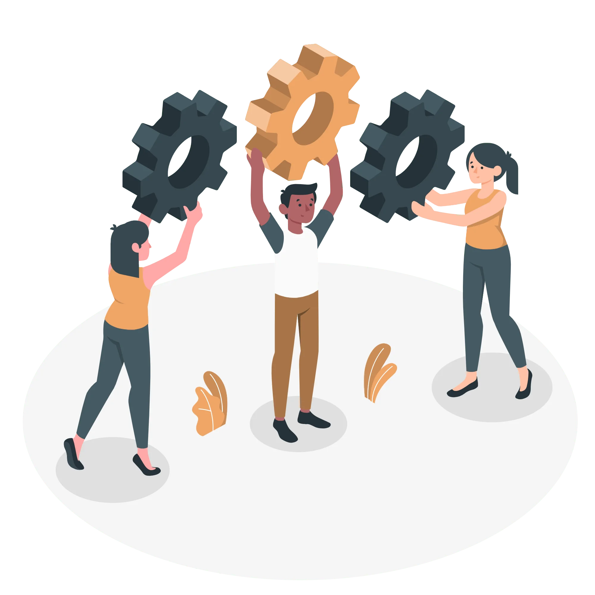 3 personnes assemblant des rouages